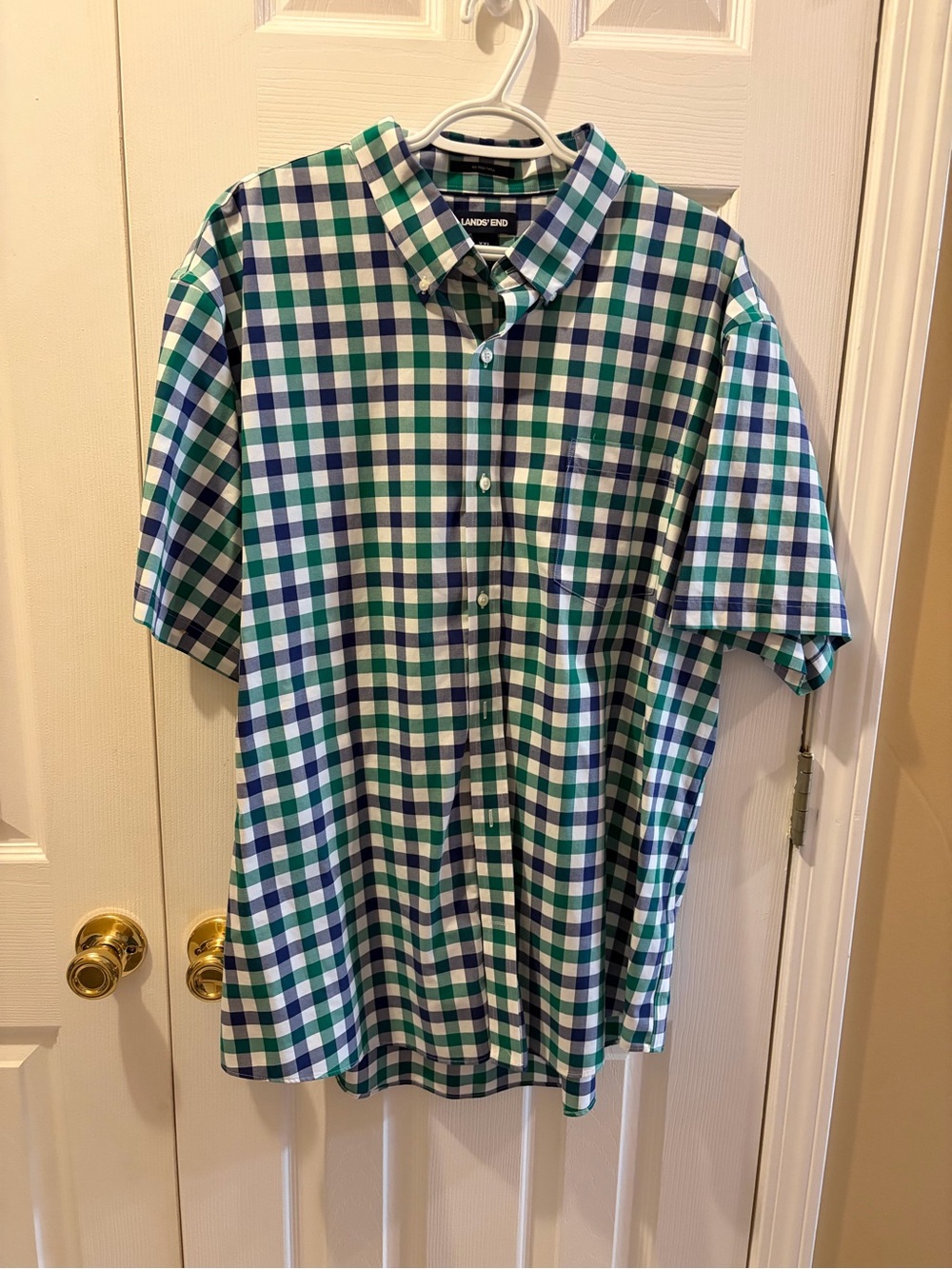 Lands' End Green, Blue & White Gingham Short-Sleeve Button-Down Shirt